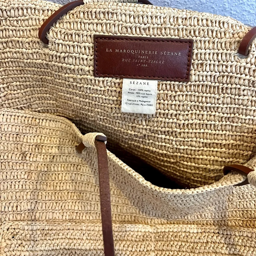 Sezane Paloma Bag Natural Crochet Straw Tote with Brown Leather Handles